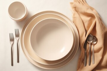  a table set with a white plate, silverware, and a napkin on a white tablecloth with a gold napkin and a fork and spoon.  generative ai