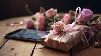 Fototapeta na wymiar Pink Gift Wrapped with Ribbon for Mother's Day