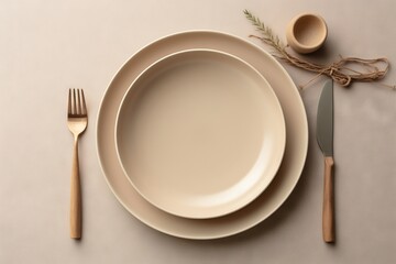  a table setting with a fork, knife, and plate with a plant on top of the plate and a bowl with a spoon and spoon on the plate.  generative ai