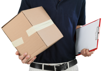 Delivery man with box and clipboard isolated on white background