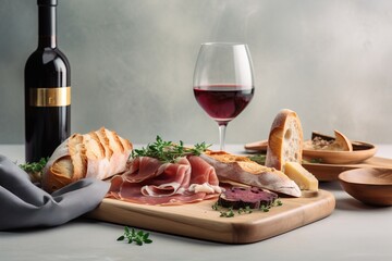  a wine glass and some bread and meats on a cutting board with a bottle of wine and a napkin on a table with other food.  generative ai