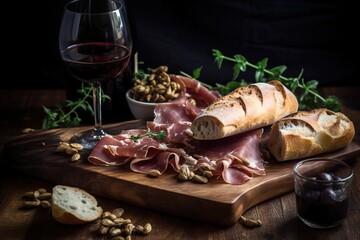 a wooden cutting board topped with bread and meats next to a glass of wine and a bowl of nuts and a glass of wine.  generative ai