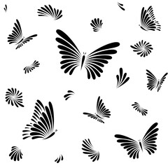 Seamless vector butterflies pattern from petals. Hand-drawn black drops petals shape. Vector black and white background for wallpaper, poster, web and packaging