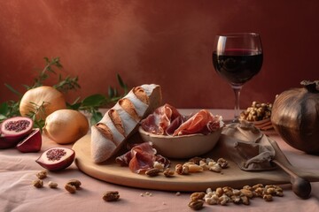  a table topped with a bowl of food and a glass of wine next to a bowl of meat and nuts on a cutting board next to a glass of wine.  generative ai