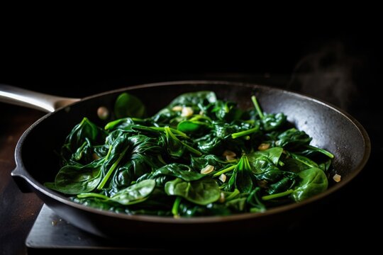  a pan filled with spinach on top of a stove top oven next to a spatula with a spoon in it and a black background.  generative ai