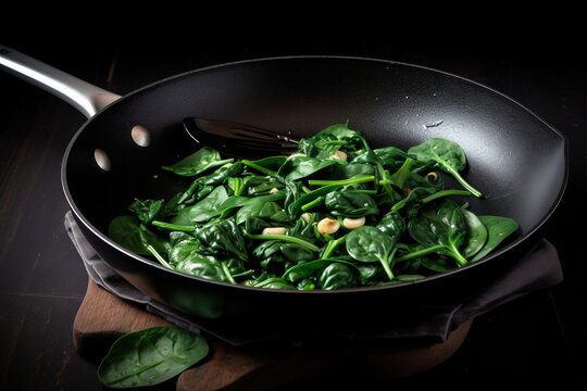  a pan filled with spinach on top of a wooden table next to a spoon and a wooden cutting board with a knife in it.  generative ai