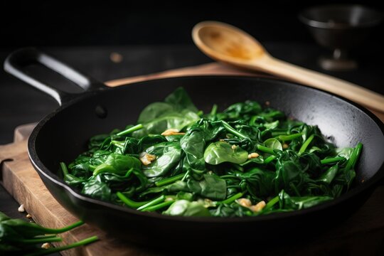  a pan filled with spinach on top of a wooden cutting board next to a wooden spoon and a wooden spoon on a cutting board.  generative ai