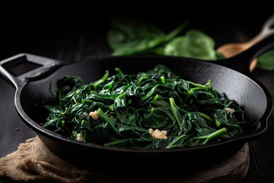  a pan filled with spinach on top of a wooden table next to a wooden spoon and a wooden spoon on the side of the pan.  generative ai