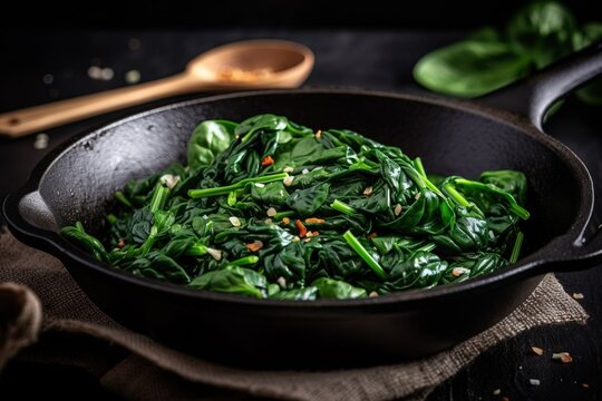  a pan filled with spinach and other vegetables on top of a cloth next to a wooden spoon and a wooden spoon on a table.  generative ai