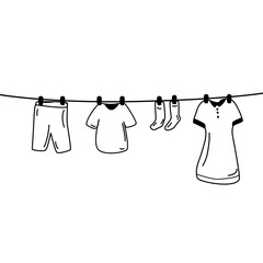 Rope for drying clothes with socks, underpants, T-shirt, shorts,dress.
Doodle style illustration, black line isolated on white background.