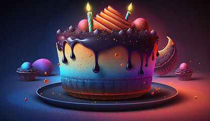 creative colorful birthday cake with candles, new quality stock image food illustration desktop wallpaper design, Generative AI	