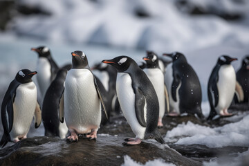 Obraz premium Penguins in polar regions - Generative AI