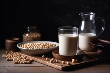 Obraz na płótnie Canvas a table topped with a bowl of cereal next to a glass of milk and a bowl of cereal next to a pitcher of milk and a bowl of peanuts. generative ai