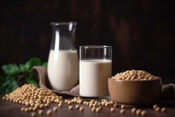  a table topped with two glasses of milk next to a bowl of cereal and a bowl of beans on a table next to a glass of milk.  generative ai