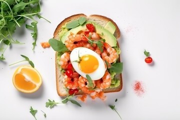  a sandwich with eggs, tomatoes, avocado, and lettuce on a white surface next to a slice of orange and a sprig of parsley.  generative ai