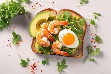  a sandwich with shrimp, avocado, and an egg on top of it with lettuce and tomato on top of it.  generative ai