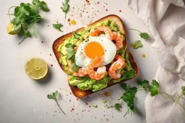  a toast with shrimp, avocado, and an egg on it next to a lemon slice and garnish on a white surface.  generative ai
