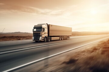  a semi truck driving down a highway in the desert with a windmill in the background at sunset or sunrise or sunset, with a blurry effect.  generative ai