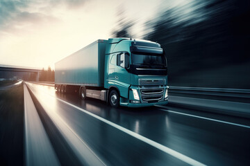  a blue semi truck driving down a highway at sunset or dawn with a blurry background of trees and a bridge in the distance with the sun shining on the side of the truck.  generative ai