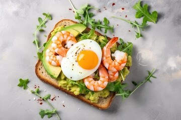  a sandwich with shrimp, avocado, and an egg on top of it with lettuce on a gray surface with a sprig of parsley.  generative ai