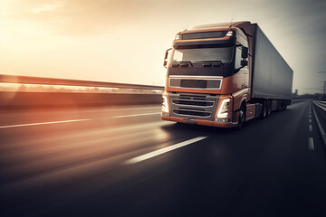 a semi truck driving down a highway with a sunset in the background of the truck and the sun shining on the road.  generative ai