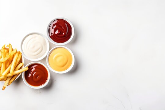  french fries with ketchup and mayonnaise on a white background with a white background and a white background with a white background.  generative ai