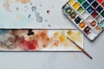  a palette of watercolors and a paintbrush on a white table with a watercolor palette and watercolors in it on the table.  generative ai