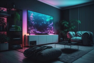 A modern living room at night, complete with a big TV wall screen and neon lights. Generated by AI	