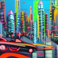 Acryllic Painting of a futurstic city by night