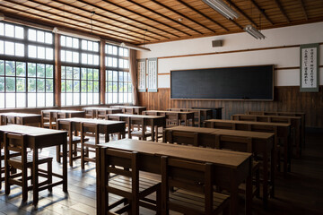 懐かしいレトロな木造校舎の教室