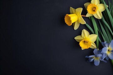  a bunch of yellow and blue flowers on a black background with a black background and a white and yellow flower in the middle of the picture.  generative ai