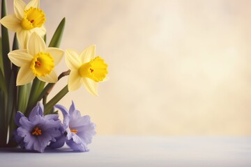  a vase filled with yellow and purple flowers on top of a table next to a vase filled with purple and yellow daffodils.  generative ai