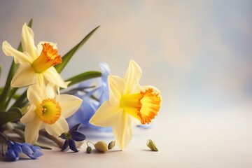  a bunch of flowers that are sitting on a table with blue and yellow flowers in the middle of the picture and a blue vase with yellow flowers in the middle.  generative ai