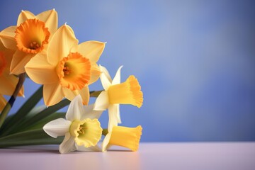  a bouquet of yellow and white flowers on a table with a blue background and a blue sky in the background with a few white and yellow daffodils.  generative ai