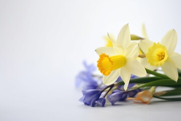  a bunch of flowers that are sitting on a white tablecloth with blue and yellow flowers in the foreground and a white wall in the background.  generative ai