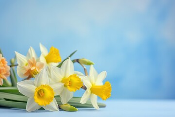  a bunch of yellow and white flowers on a blue surface with a blue background and a blue sky in the backround of the picture.  generative ai