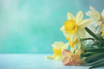  a bunch of yellow and white daffodils on a blue background with a green background and a light blue background behind it with a light blue back ground.  generative ai
