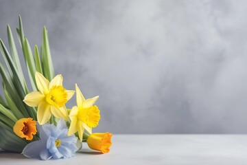  a bouquet of yellow and blue flowers on a table with a gray background and a gray wall in the background with a white table cloth.  generative ai