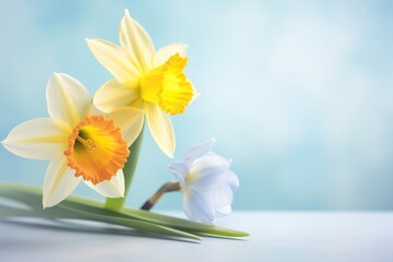  a couple of yellow and white flowers sitting on top of a white table top next to a blue wall and a light blue sky background.  generative ai