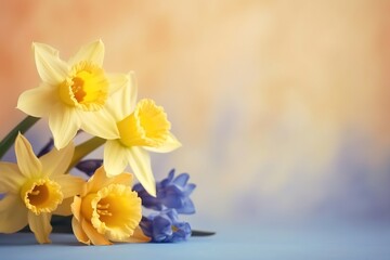  a bunch of yellow and blue flowers on a blue tablecloth with a pink background and a light blue table cloth with a pink and yellow background.  generative ai
