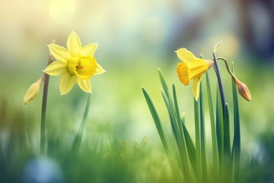  two yellow daffodils in the grass with a blurry background of bluebells and green grass in the foreground with sunlight.  generative ai
