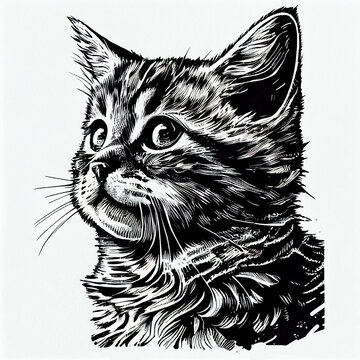 American Curl Cat portrait illustration, detailed black and white art, created with Generative AI
