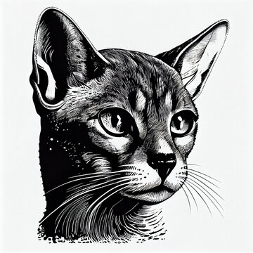 Abyssinian Cat portrait illustration, detailed black and white art, created with Generative AI