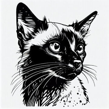 Balinese Cat portrait illustration, detailed black and white art, created with Generative AI
