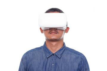 Man wearing virtual reality goggles isolated on white background