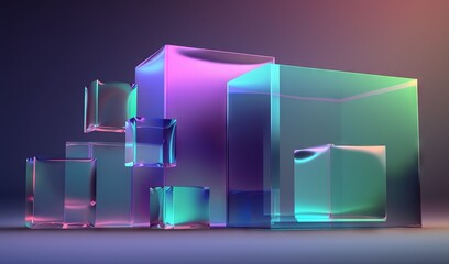  a group of glass cubes sitting on top of a table next to each other on a dark surface with a pink and blue background.  generative ai