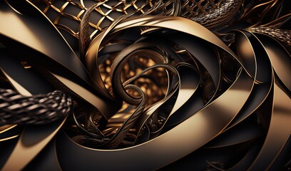  a computer generated image of a spiral of metal and gold metal mesh and wire, with a black background and a gold and black background.  generative ai
