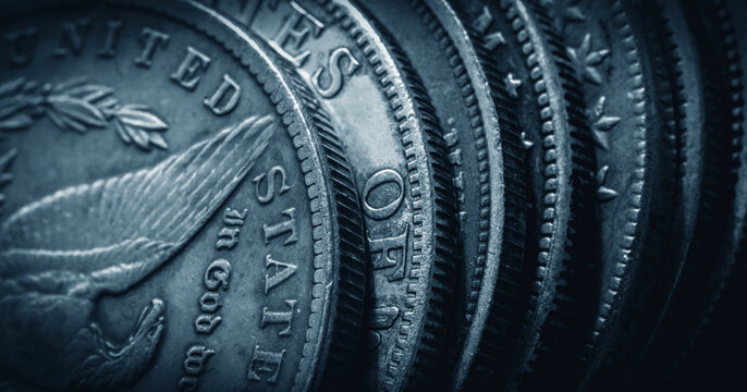 Macro image of US Dollar coins. Close up monay background. Horizontal image.