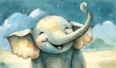  a painting of an elephant with its trunk up and its eyes closed, with a sky background and stars in the sky behind it, and a smiling.  generative ai