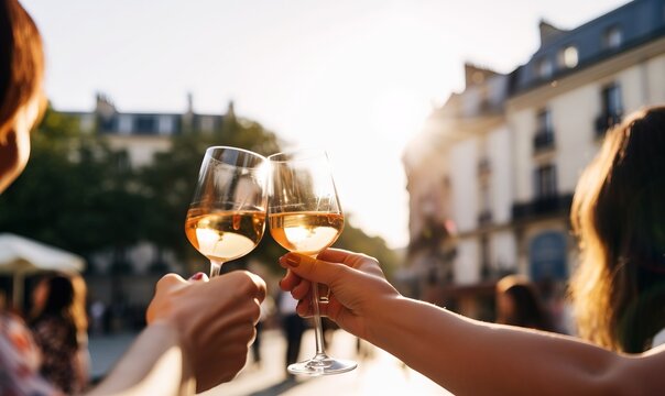  two people toasting with wine glasses in front of a building on a sunny day in a city square with people walking around the area.  generative ai